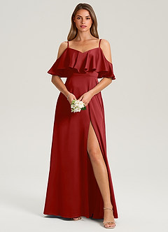 Azazie Jean Bridesmaid Dresses Pomegranate A-Line Off the Shoulder Stretch Satin Dress image1