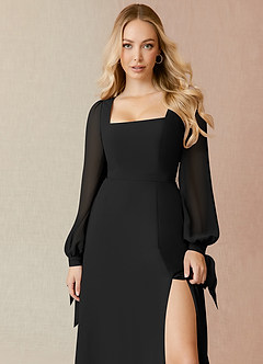 Azazie Leonia Bridesmaid Dresses Black A-Line Long Sleeve Chiffon Dress image5