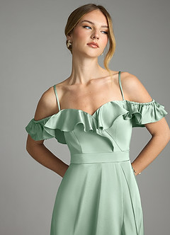 Azazie Lyra Bridesmaid Dresses Agave A-Line Off the Shoulder Stretch Satin Convertible Dress image11
