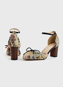front Floral Tapestry Ankle Strap Block Heels