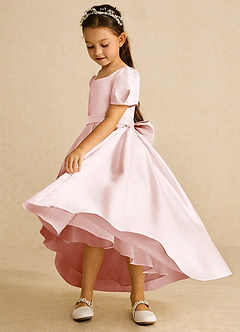 Azazie Zippy Flower Girl Dresses Blushing Pink A-Line with Sleeves Matte Satin Dress image4