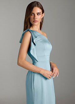 Azazie Rinna Vestidos de damas de honor Vestido de Azul Malhumorado de Satén Elástico de Corte Sirena con Volante image5