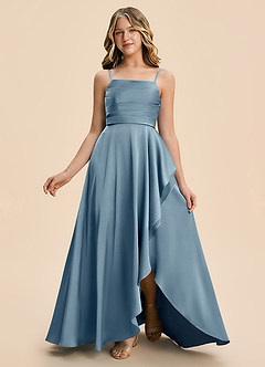 Azazie Naveah Junior Dusty Blue A-Line Ruched Stretch Satin Dress image3
