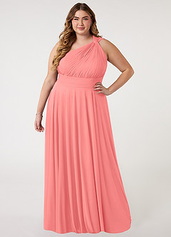 Azazie Charlize Bridesmaid Dresses Coral A-Line One Shoulder Mesh Dress image6