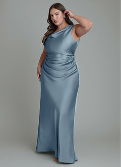 Azazie Kieryn Bridesmaid Dresses Dusty Blue Mermaid Pleated Stretch Satin Dress image9