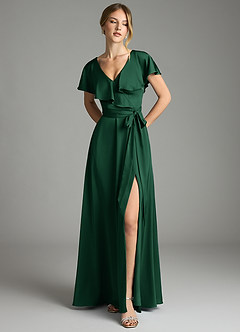Azazie Lainey Bridesmaid Dresses Dark Green A-Line with Pockets Stretch Satin Dress image3