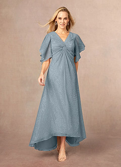 Azazie Mollina Mother of the Bride Dresses Dusty Blue A-Line Ruffle Flutter Sleeve Metallic Mesh Dress image1