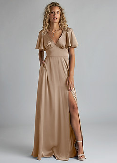 Azazie Kimber Bridesmaid Dresses Taupe A-Line Ruched Stretch Satin Dress image1