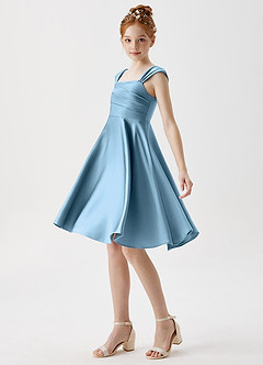 Azazie Amira Junior Steel Blue A-Line Pleated Stretch Satin Dress image4