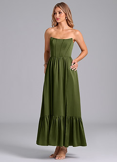 Azazie Leilana Bridesmaid Dresses Olive A-Line Corset Stretch Satin Dress image5