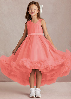 Azazie Lottie Flower Girl Dresses Coral A-Line One Shoulder Satin Dress image1