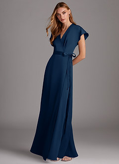 Azazie Nico Bridesmaid Dresses Dark Navy A-Line V-Neck Stretch Satin Dress image4