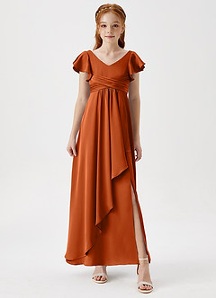 Azazie Omari Junior Burnt Orange A-Line Pleated Stretch Satin Dress image4