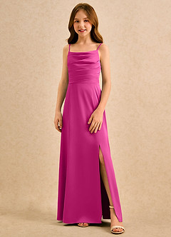 Azazie Chamomile Girls Formal Flower Girl Dresses Fuchsia A-Line Pleated Stretch Satin Dress image4
