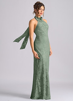 Azazie Velli Vestidos de damas de honor Vestido de Matcha de Devorado Floral de Corte Sirena con Cuello Alto image4