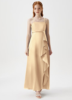 Azazie Kaylee Junior Gold A-Line with Belt Metallic Satin Dress image4