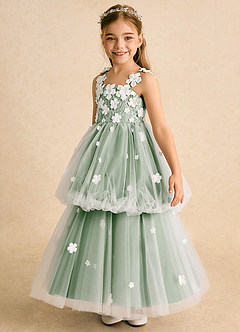 Azazie Teacup Flower Girl Dresses Ivory Matcha Ball-Gown Lace Tulle Dress image6