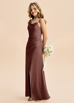 Azazie Abby Junior Espresso Sheath Pleated Stretch Satin Dress image3