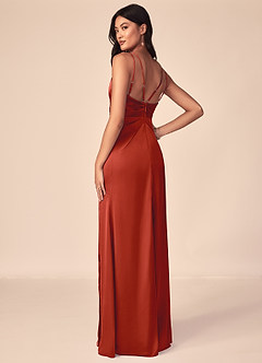 Azazie Aqua Bridesmaid Dresses Rust A-Line V-Neck Pleated Stretch Satin Dress image5