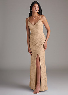 Azazie Leo Bridesmaid Dresses Champagne Sheath Pleated Floral Burnout Dress image3