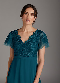 Azazie Singer Mother of the Bride Dresses Ink Blue A-Line V-Neck Lace Chiffon Dress image6