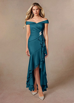 Azazie Billings Mother of the Bride Dresses Ink Blue Mermaid Off the Shoulder Stretch Satin Dress image5