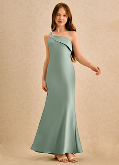 Azazie Almond Girls Formal Jurken voor bloemenmeisjes Kokerjurk Jurk van Stretch Satijn One-shoulder Agave image6