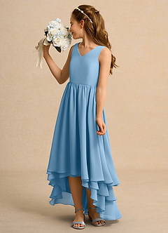 Azazie Kitten Junior Formal Jurken voor bloemenmeisjes A-Lijn Jurk van Chiffon Staal Blauw image5