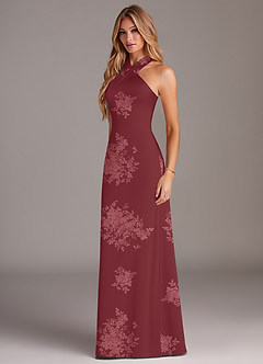Azazie Doretta Bridesmaid Dresses Burgundy Floral Bouquet Mermaid Pleated Stretch Satin Dress image4