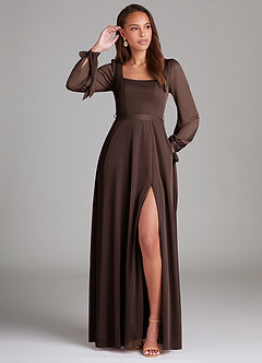 Azazie Leonia Bridesmaid Dresses Ganache A-Line Long Sleeve Mesh Dress image1