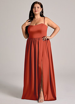 Azazie Calianna Abiti da Damigella Abito Convertibile A-Line in Raso Elasticizzato a Spalla Scoperta Ruggine image9