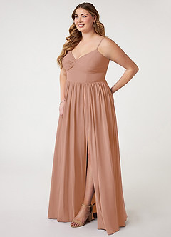 Azazie Zeya At-home Try On Dresses Champagne Rose A-Line V-Neck Pleated Chiffon Dress image8