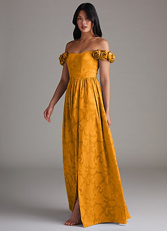 Azazie Autumn Bridesmaid Dresses Butterscotch A-Line Off the Shoulder Floral Burnout Convertible Dress image3
