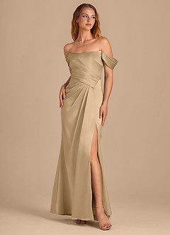 Azazie Shea Bridesmaid Dresses Champagne Mermaid Off the Shoulder Metallic Satin Convertible Dress image1