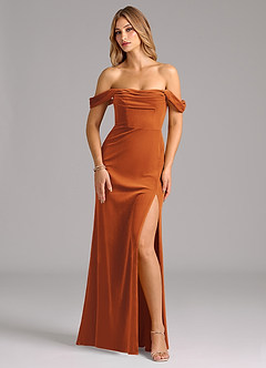 Azazie Saige Bridesmaid Dresses Burnt Orange Sheath Off the Shoulder Velvet Convertible Dress image1