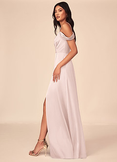 Azazie Ocean Robes de demoiselle d'honneur Robe Trapèze en Satin extensible Col V plissé Rose Pâle image3