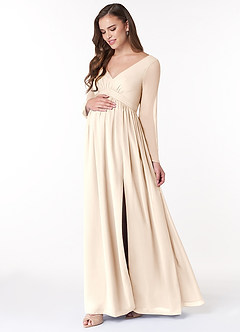 Azazie Teton Zwangerschaps Bruidsmeisjekleding A-Lijn Lange mouw Chiffon Vloerlengte Jurk image3