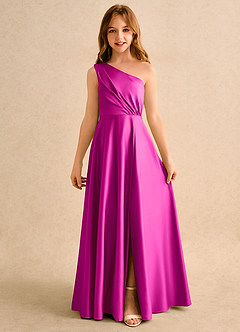 Azazie Puddles Girls Formal Blumenmädchenkleider A-Linie One-Shoulder Matte Satin Kleid Fuchsia image4