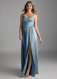 Azazie Chanel At-home Try On Dresses Amethyst A-Line Pleated Stretch Satin Dress image1