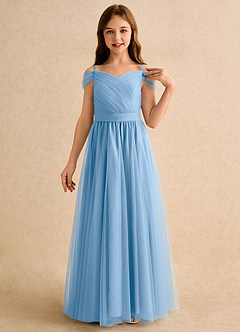 Azazie Yuna Girls Formal Abiti da Ragazza di Fiori Abito A-Line in Tulle Spalle Scoperte Azzurro Polvere image6