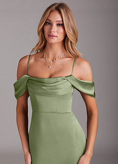 Azazie Saige Bridesmaid Dresses Pistachio Sheath Off the Shoulder Stretch Satin Dress image2