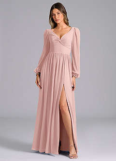 Azazie Teri Robes de demoiselle d'honneur Robe Trapèze en Mousseline de soie Manches longues Rose Poudré image4