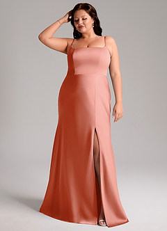 Azazie Lidia Robes de demoiselle d'honneur Robe Sirène en Satin extensible Fente Latérale Corail image8