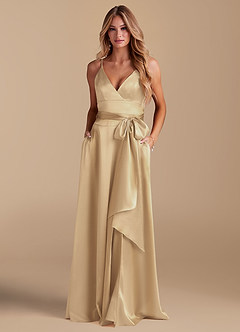 Azazie Sophia Bridesmaid Dresses Champagne A-Line with Pockets Metallic Satin Dress image3