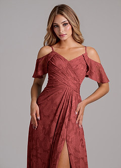 Azazie Dakota Bridesmaid Dresses Terracotta A-Line Off the Shoulder Floral Burnout Dress image3