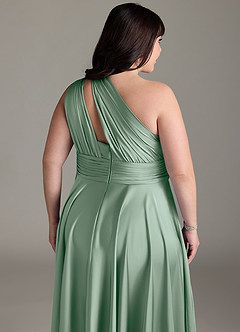 Azazie Charlize Bridesmaid Dresses Agave A-Line One Shoulder Stretch Satin Dress image16