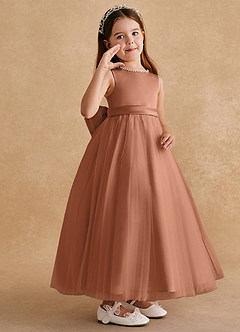 Azazie Cookie Robe Demoiselle D'honneur Fillette Robe Trapèze en Tulle Arc Bronze image2