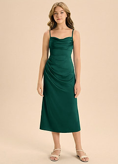 Azazie Mai Junior 쉬스 주름진 스트레치 새틴 티 길이 주니어 신부 들러리 드레스 image3