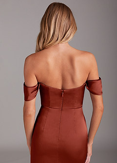 Azazie Saige Bridesmaid Dresses Terracotta Sheath Off the Shoulder Stretch Satin Dress image9
