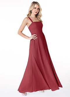 Azazie Jay Bridesmaid Dresses Pomegranate A-Line Square Neckline Side Slit Chiffon Dress image3